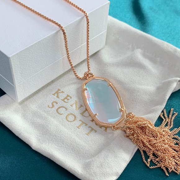Kendra Scott Rayne Rose Gold Long Pendant Necklace Dichroic Glass - Picture 14 of 15